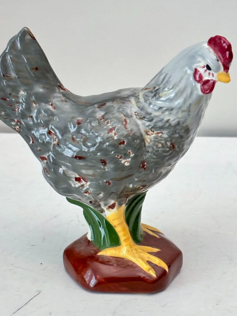 VTG 50s Hen Figurine Hand Painted Glossy Ceramic Farmhouse Country Signed
